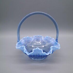 Fenton Glass Bride Basket Raffled Lavender Blue Opalescent Cabbage Rose Vintage